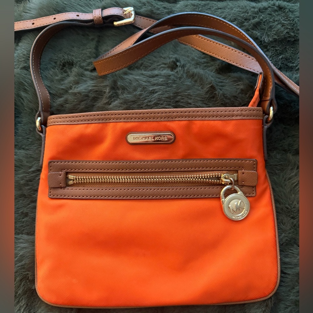 Michael Kors Orange Crossbody with Brown Trim and Gold Accent